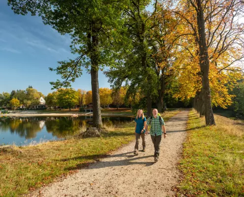 Ein Mann und eine Frau wandern an einem sonnigen Herbsttag auf einem geschotterten Weg entlang eines Sees. Rechts des Weges reihen sich große Bäume mit grünem und goldgelb gefärbtem Laub aneinander. Auf der linken Seite spiegelt sich das gegenüberliegende Ufer mit weiteren Bäumen und vereinzelten Gebäuden im ruhigen Wasser des Sees.